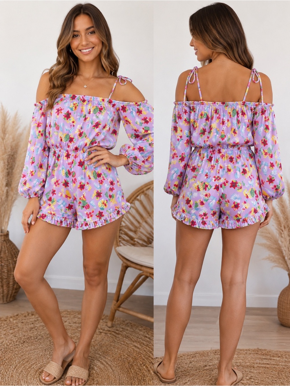 Romeo & Juliet Couture Lavender Floral Off-Shoulder Romper with Tie Straps